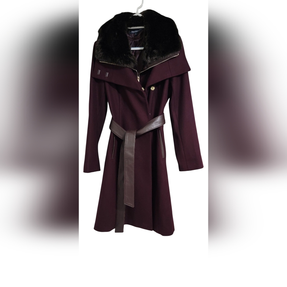 French Connection Wine Colored Coat w/ Faux Fur Collar NWT Free Shipping
